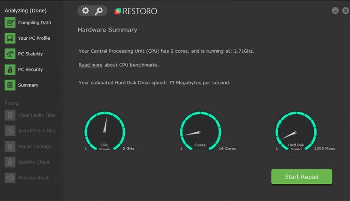 restoro app system optimizer screenshot hardware summary